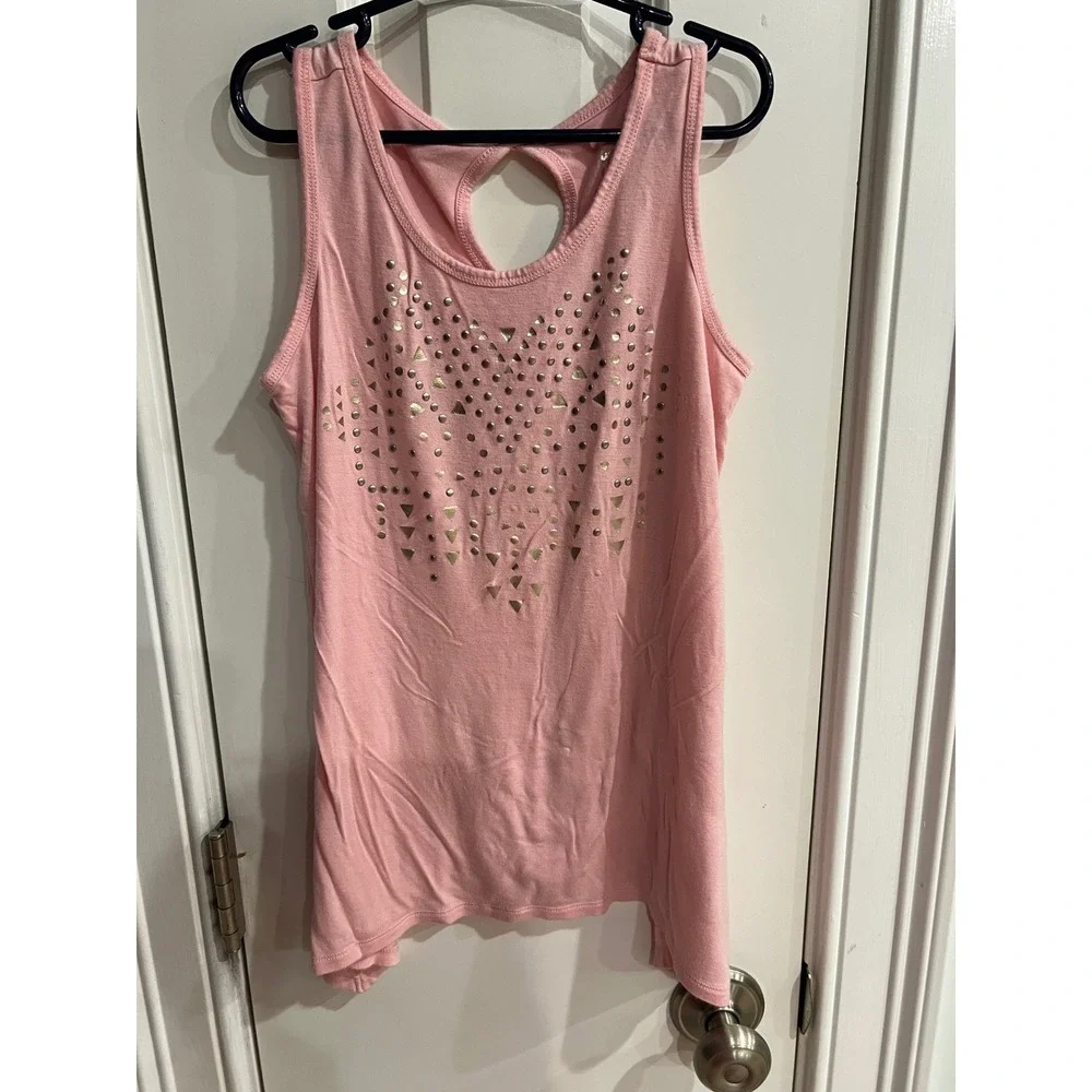 Justice Girls Pink Studded Heart Tank Top Sharkbite Hem Keyhole Back Size 10
